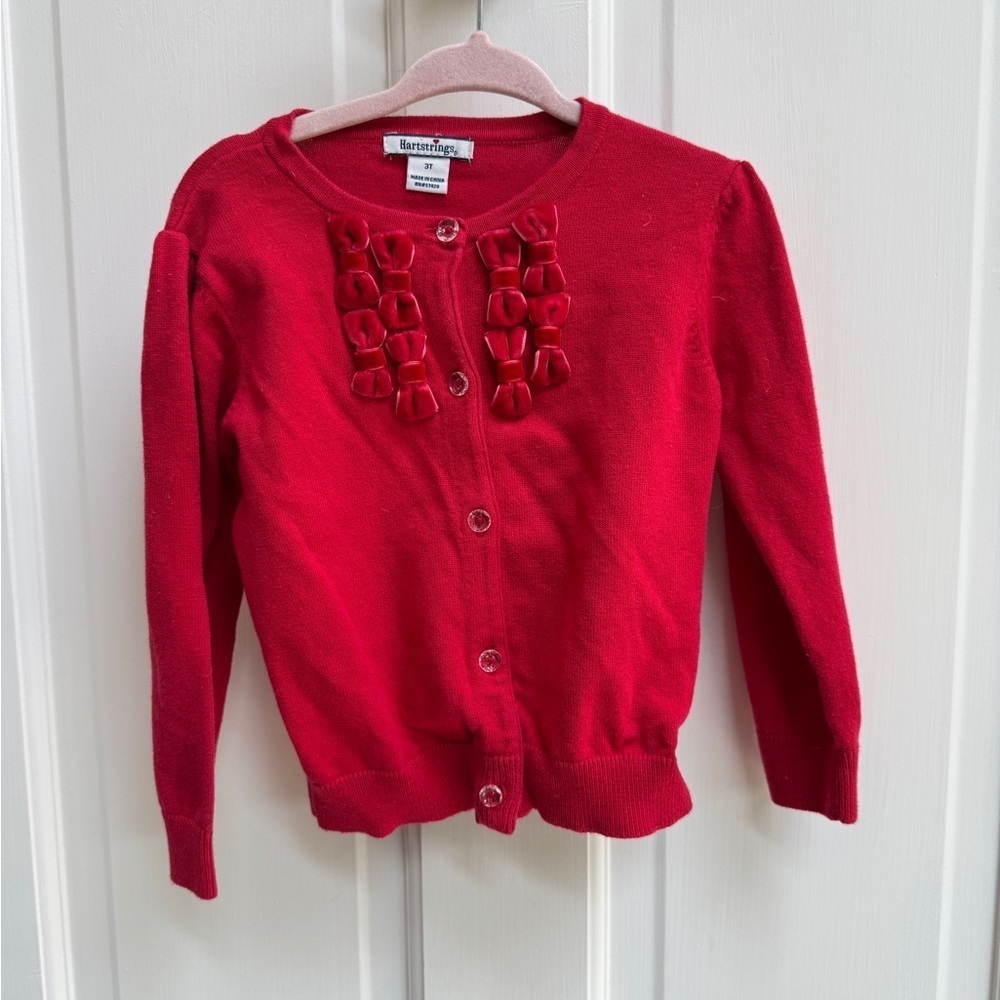 Hartstrings 3T Girls Red Bow Button Down Sweater